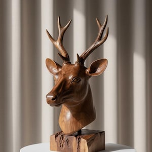 Hand-Carved Wooden Deer Head Sculpture with Antlers | Stag Bust Wood Art | Rustic Lodge Decor | Unique Handmade Home Accent