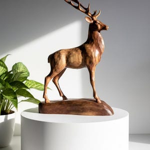 Hand Carved Wooden Deer Sculpture | Rustic Stag Statue | Natural Wood Animal Art | Woodland Home Decor Gift