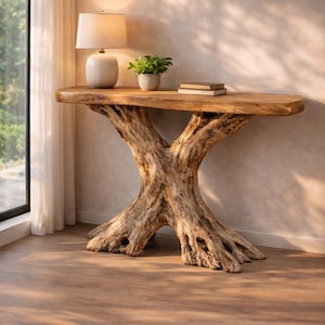 May include: A wooden console table with a live edge top, supported by a unique, organically shaped base. The table features a white lamp, a small potted plant, and two books. The table is approximately 183 cm long.