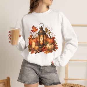 Lantern Pumpkin Sweatshirt, 50/50 Cotton-Poly Crewneck with Fall Foliage