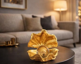 Gold Oyster Pearl Statue – Art Deco Coastal Resin Sculpture