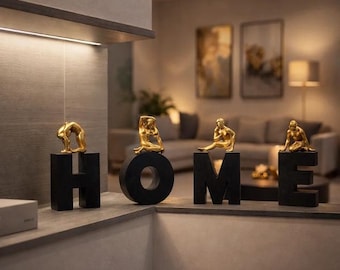 Modern Yoga HOME Letter Sculptures – Black Gold Meditation Figurines Set of 4