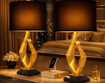 Gold Sculptural Table Lamp Set of 2 with USB Ports, Farmhouse Bedside Lamps with Dual Pull Chains, Rustic Modern Nightstand Lamps