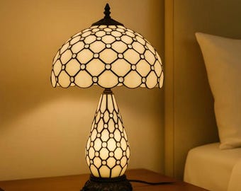 Vintage Tiffany Resin Table Lamp – White Honeycomb Mosaic, Art Deco Lighting