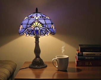 Blue Purple Tiffany Style Resin Table Lamp, Baroque Lavender Bedside Desk Light, Vintage Bronze Reading Lamp Decor