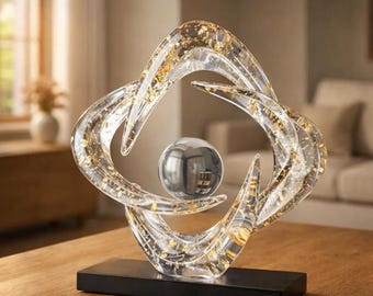Modern Abstract Resin Sculpture with Gold Foil, White Contemporary Art Statue