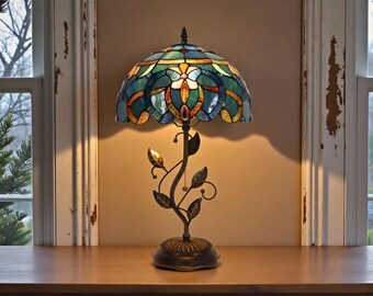 Tiffany Style Resin Table Lamp Blue Baroque Desk Light Antique Bronze Leaf Base 19 Inch
