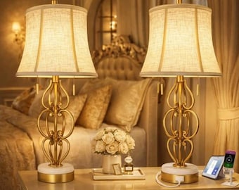 Gold Leaf Iron Table Lamp Set of 2 with USB Ports, 28 Inch Marble Base Bedside Lamps with Linen Shade for Bedroom Living Room Decor