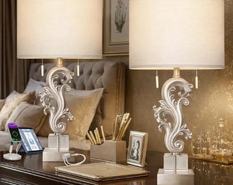 Silver Sculptural Table Lamp Set of 2 with USB C & A Ports, 27 Inch Classic Pull Chain Bedside Lamps