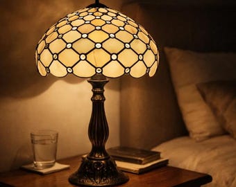 Cream Amber Tiffany Resin Table Lamp Antique Bronze Desk Lamp Vintage Bedside Reading Light Home Decor