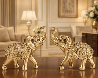 Golden Elephant Statue Pair Home Decor, Luxury Resin Elephant Figurines, Elegant Good Luck Animal Sculpture for Living Room Shelf Table