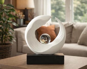 Modern Abstract Resin Sculpture with Crystal Sphere, Nordic Zen Wave Circle Decor