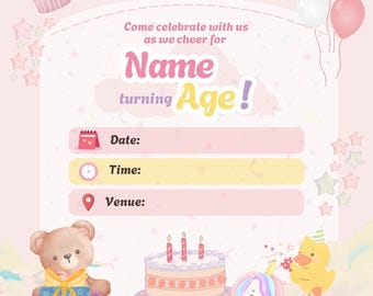 Bearbeitbare Kindergeburtstagseinladung | Niedliche Pastell Geburtstagsparty Einladung Vorlage | Canva Vorlage | Einhorn-Teddybär-Motiv