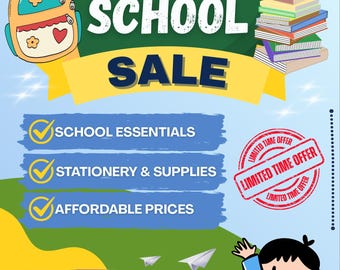 編集可能な新学期セールチラシテンプレート、文房具店のプロモーションポスター、学用品マーケティングCanvaテンプレート、すぐにダウンロード可能