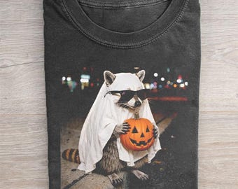 Raccoon Ghost Halloween Shirt, Funny Trick Or Treat Tee, Cute Raccoon Pumpkin Costume Top, Spooky Season Gift, Retro Halloween Graphic Tee