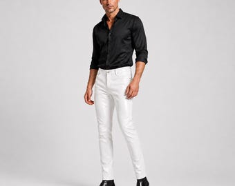 Witte kunstleren broek heren | Glanzende slim-fit bikerbroek | Gothic festivaloutfit