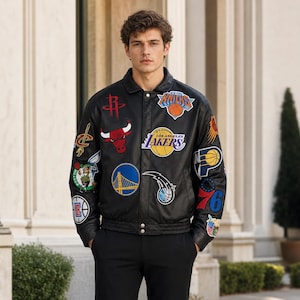 Black Leather Patch Bomber Jacket | Vintage Basketball Streetwear Coat