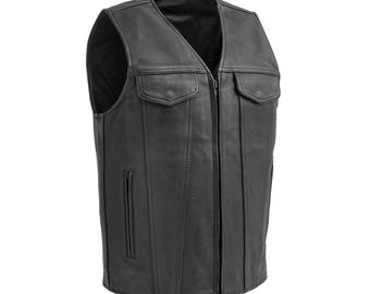 Men’s Black Leather Biker Style Motorcycle Waistcoat Sleeveless Vest Classic Zip Up Riding Gear