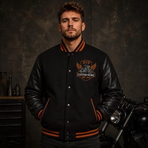 Men's Custom Varsity Jacket | Personalized Memorial Letterman | Motorcycle Biker Patch | Black Bomber Jacket