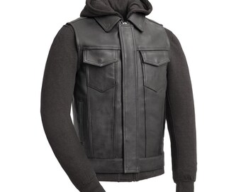 Men’s Black Leather Biker Vest, Snap Front Motorcycle Vest, Classic Riding Waistcoat Streetwear Style