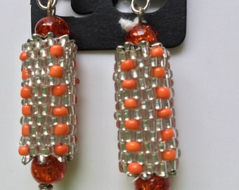 Handmade Bead Woven Earrings with orange Glass Beads, dangling earrings