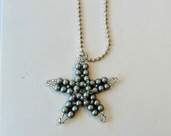 Coastal Handmade Starfish Necklace, handmade woven  jewelry, bead pendant Gift box incl.