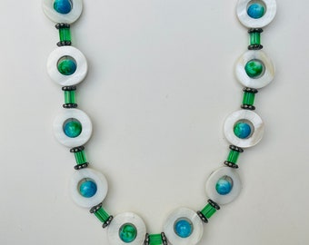 Handmade beaded necklace in turquoise, green and white. Original one of a kind unique necklace. Earrings listed separately.  Gift box incl.