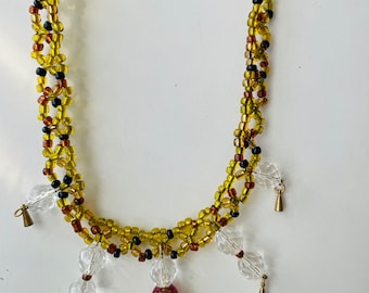 Handmade Beadwoven Jewelry, one of a kind Statement Necklace with yellow glass beads and large crystals.