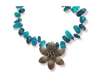 Handmade Beaded Statement Necklace: Blue Glass & Pewter Flower