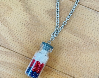 Handmade Patriotic Necklace: Glass Jar with Red, White & Blue Seed Beads