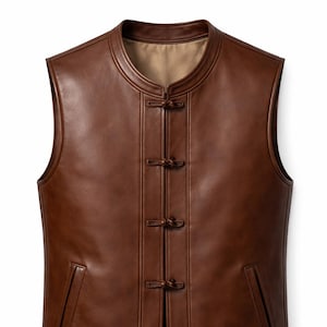May include: A sleeveless brown leather vest featuring a mandarin collar and a front closure secured with three decorative knotted toggle buttons. The garment includes two vertical slit pockets on the front and a smooth tan interior lining.