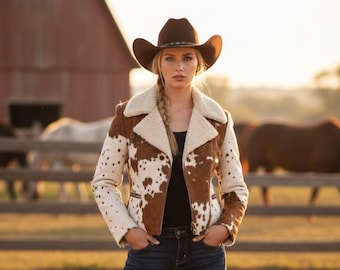 Hair-On Cowhide Leather Trucker Jacket | Shearling Collar, Western Coat