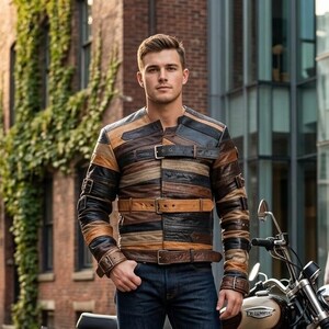 Multicolor Patchwork Leather Jacket, Upcycled Moto Jacket, Strap & Buckle Biker Coat