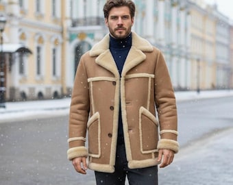 Men’s Sand Suede Shearling Coat | Handmade Sheepskin Winter Jacket | Fur Lined Classic Leather Coat