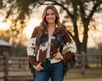Women’s Cowhide Leather Fringe Jacket | Western Cowgirl Coat | Vintage Ranch Style Boho Leather Outerwear