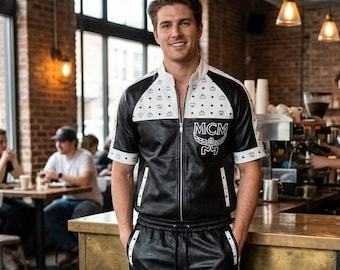 Men's Tan & Black Leather Short Set | Handmade Genuine Lambskin Leather Co-Ord | Luxury Streetwear Outfit