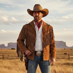 May include: A man in a brown cowboy hat, fringed leather jacket, and blue jeans stands in a field. He wears a red bandana and a silver belt buckle. A holster with a gun is visible. The background features a fence and a distant mesa.