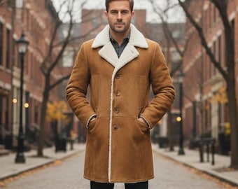 Men’s Tan Shearling Coat | Genuine Sheepskin Suede Overcoat