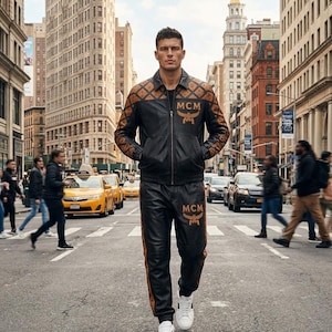 May include: A black leather jacket and matching black leather joggers featuring brown patterned panels with the MCM logo. The jacket has a collar and front zipper, while the pants have an elasticized waistband and cuffs. White sneakers complete the look.