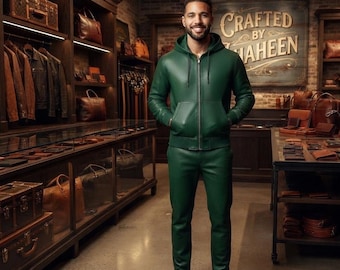 Men's Green Lambskin Leather Tracksuit | Handmade Luxury Leather Jacket & Jogger Set