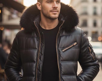 Men's Lambskin Leather Puffer Bomber Jacket | Faux Fur Hood
