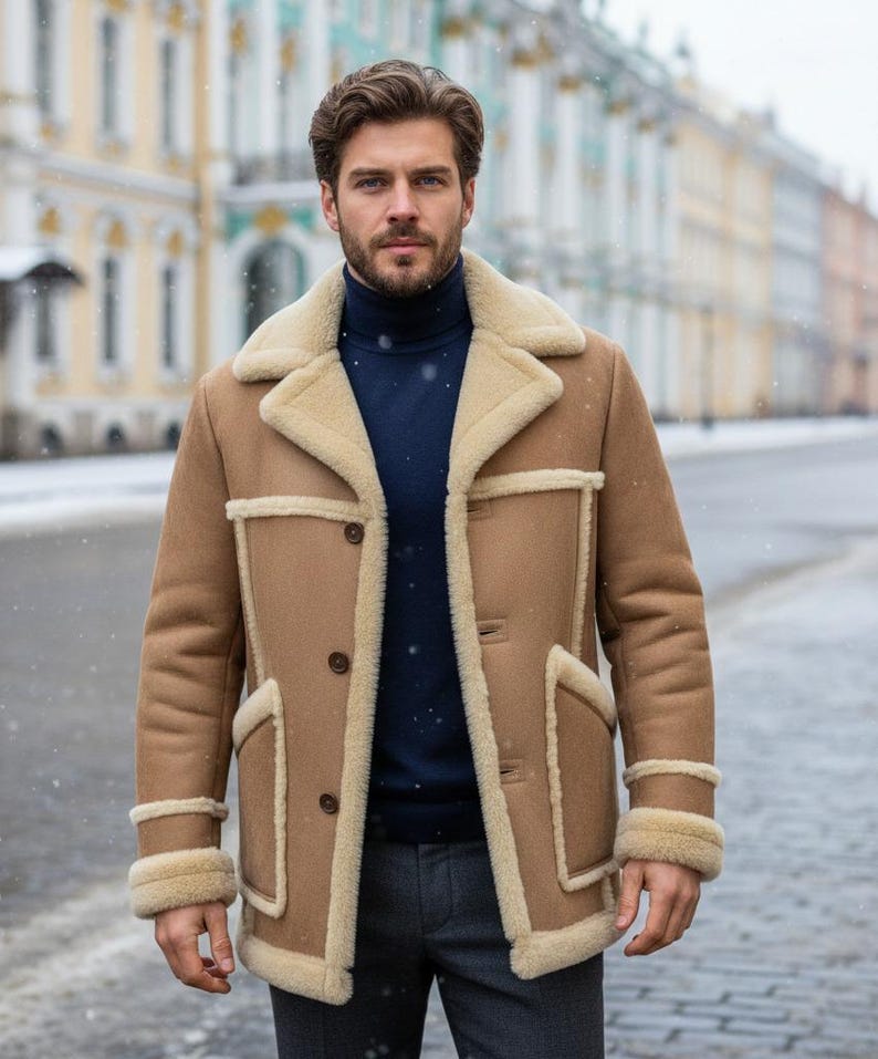 May include: A tan shearling coat with a cream-colored shearling collar and trim. The coat has a button-up front, two front pockets, and a classic design. The person in the image is wearing a navy blue turtleneck and gray pants.
