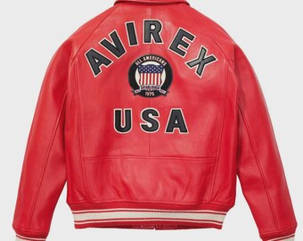 Men’s Avirex Style Red Leather Varsity Jacket | American USA Bomber Jacket