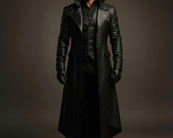Trench in pelle nera con cappuccio da uomo / Cappotto lungo in pelle gotico / Regalo per lui