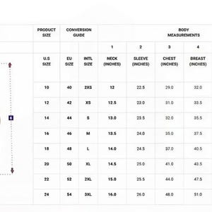 May include: A body measurements guide with a size chart. Includes U.S., EU, and international sizes, with measurements for neck, sleeve, chest, breast, waist, and height in inches. A diagram of a person is included.