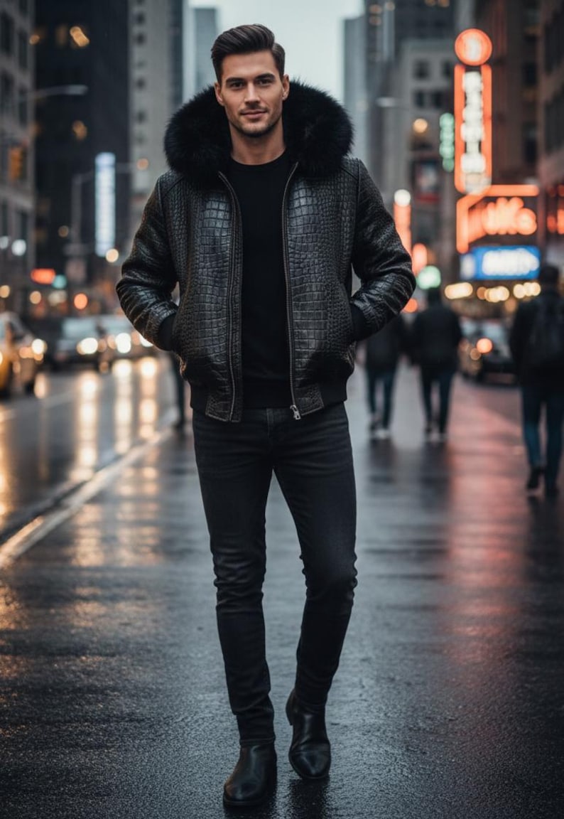 May include: A man wearing a black leather jacket with a fur-lined hood, black sweater, and black jeans. The jacket has a crocodile skin texture. The man is standing on a wet street in a city setting.