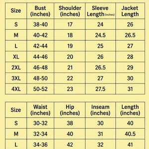 May include: A beige informational chart titled MCM TRACKSUIT SIZE CHART with black text and grid lines. It displays two tables listing measurements in inches for sizes S through 4XL, covering bust, shoulder, sleeve, jacket length, waist, hip, and inseam.