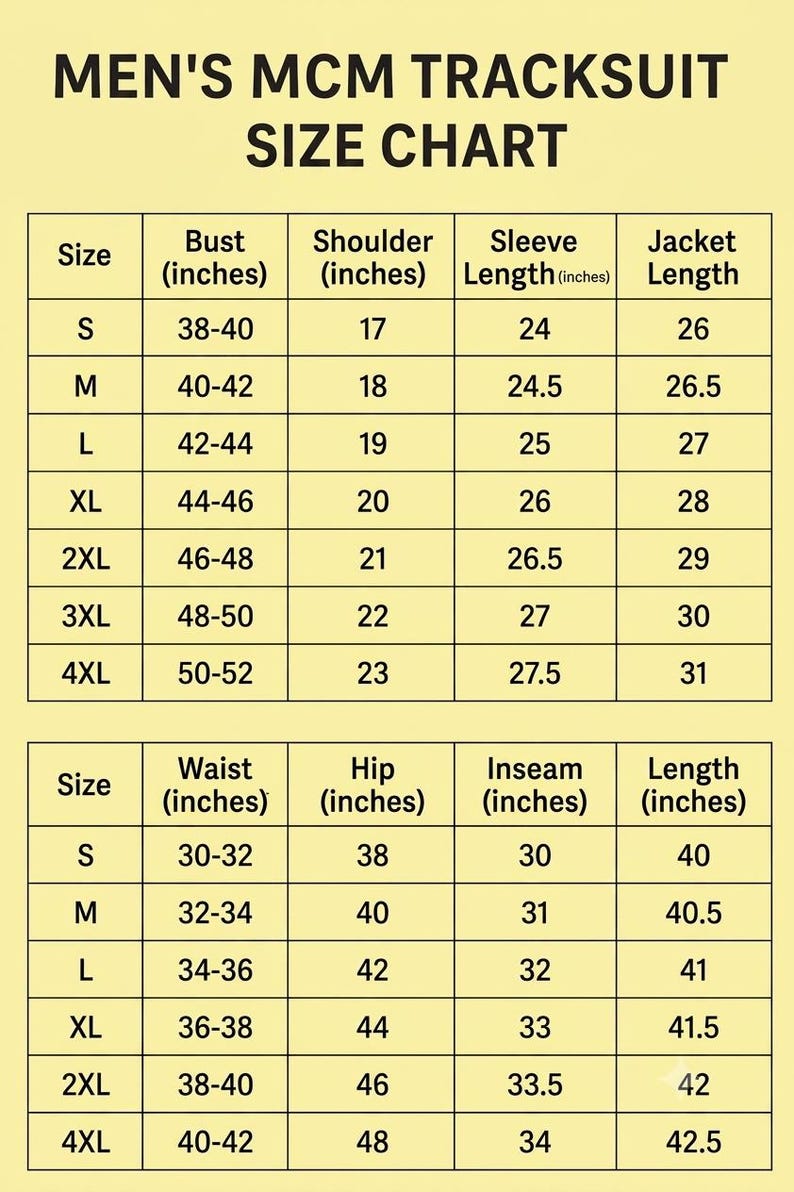 May include: A beige informational chart titled MCM TRACKSUIT SIZE CHART with black text and grid lines. It displays two tables listing measurements in inches for sizes S through 4XL, covering bust, shoulder, sleeve, jacket length, waist, hip, and inseam.