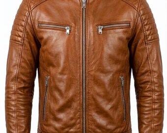 Jaqueta masculina de couro marrom | Jaqueta estilo Café Racer para motociclista | Casaco de motociclista estilo vintage