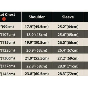 May include: A size chart for jackets, with measurements in inches and centimeters. The chart includes sizes XS to 3XL, detailing jacket chest, shoulder, and sleeve dimensions, along with recommended body chest sizes.